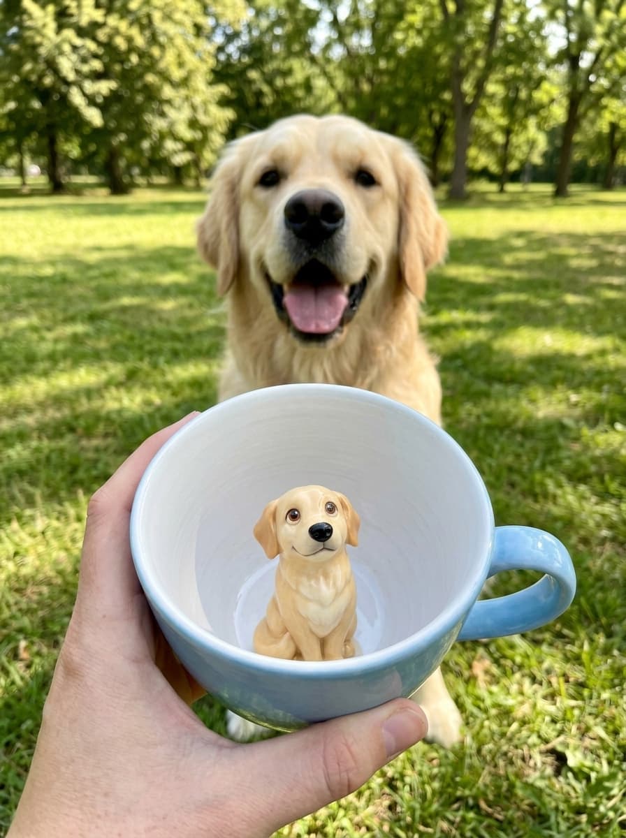 Blue PawMug with a hand-sculpted golden retriever inside