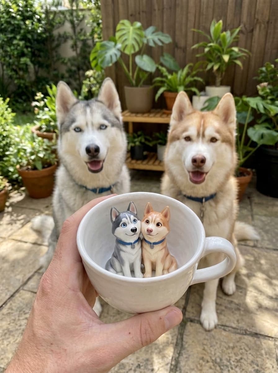 White PawMug with hand-sculpted huskies inside