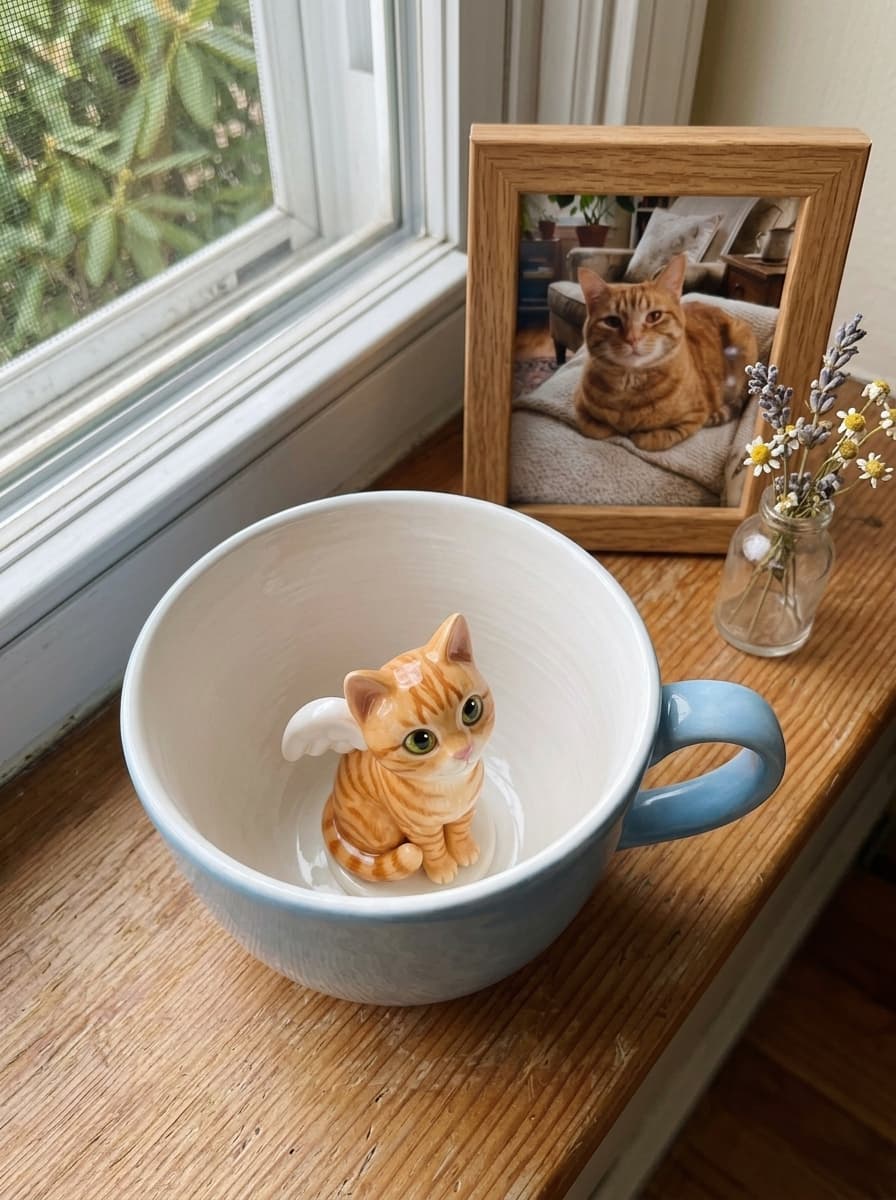 Blue PawMug with a hand-sculpted cat, a keepsake in memory of a beloved pet