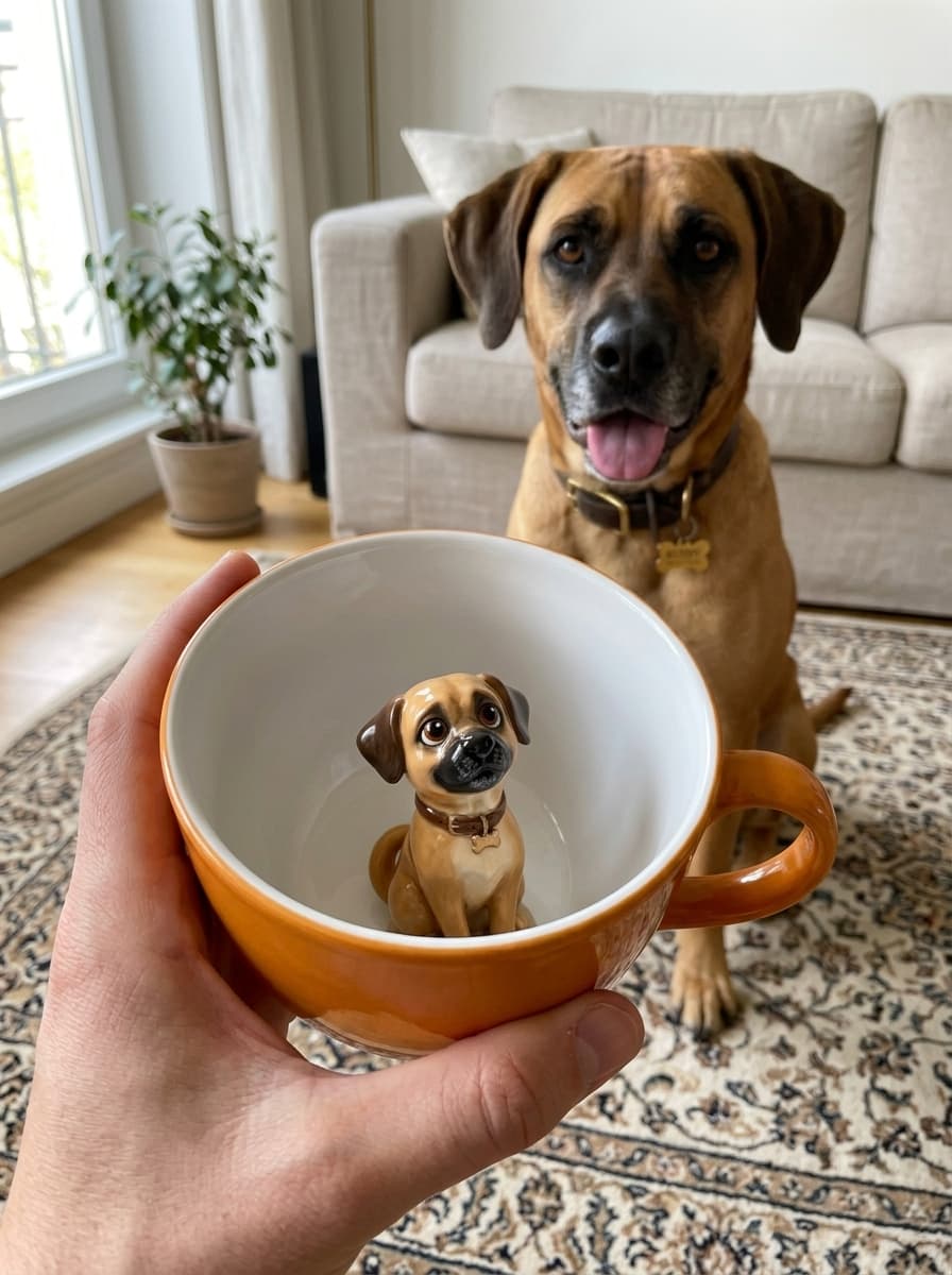 Orange PawMug with a hand-sculpted mixed-breed pet inside
