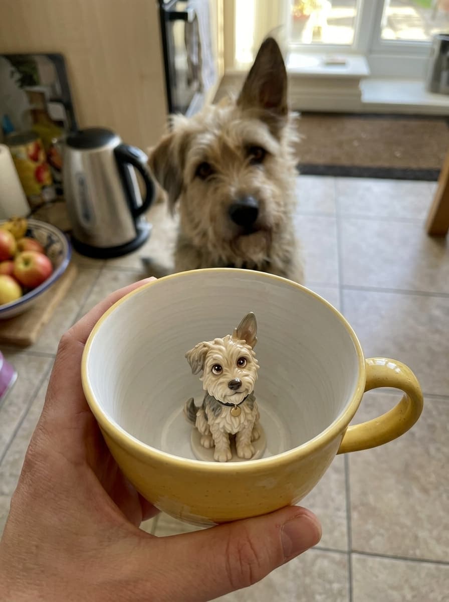 Yellow PawMug with a hand-sculpted mixed-breed dog inside