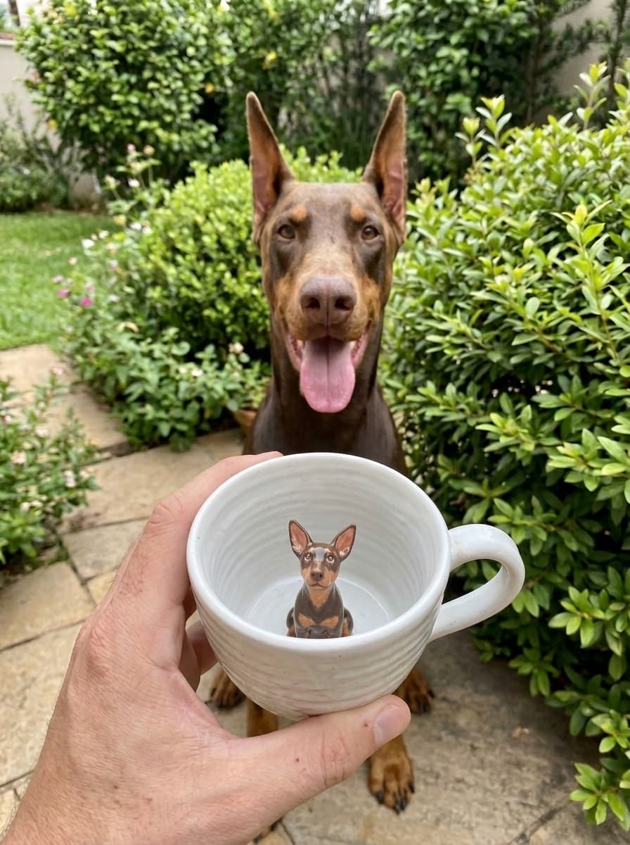 White PawMug with a hand-sculpted dobermann inside