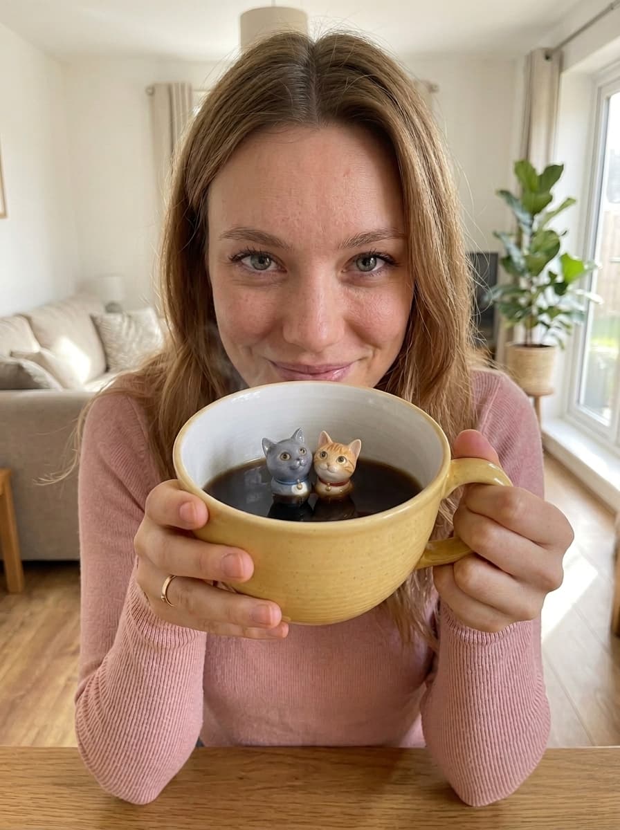 A PawMug filled with coffee, the sculpted pet sits safely above the drink
