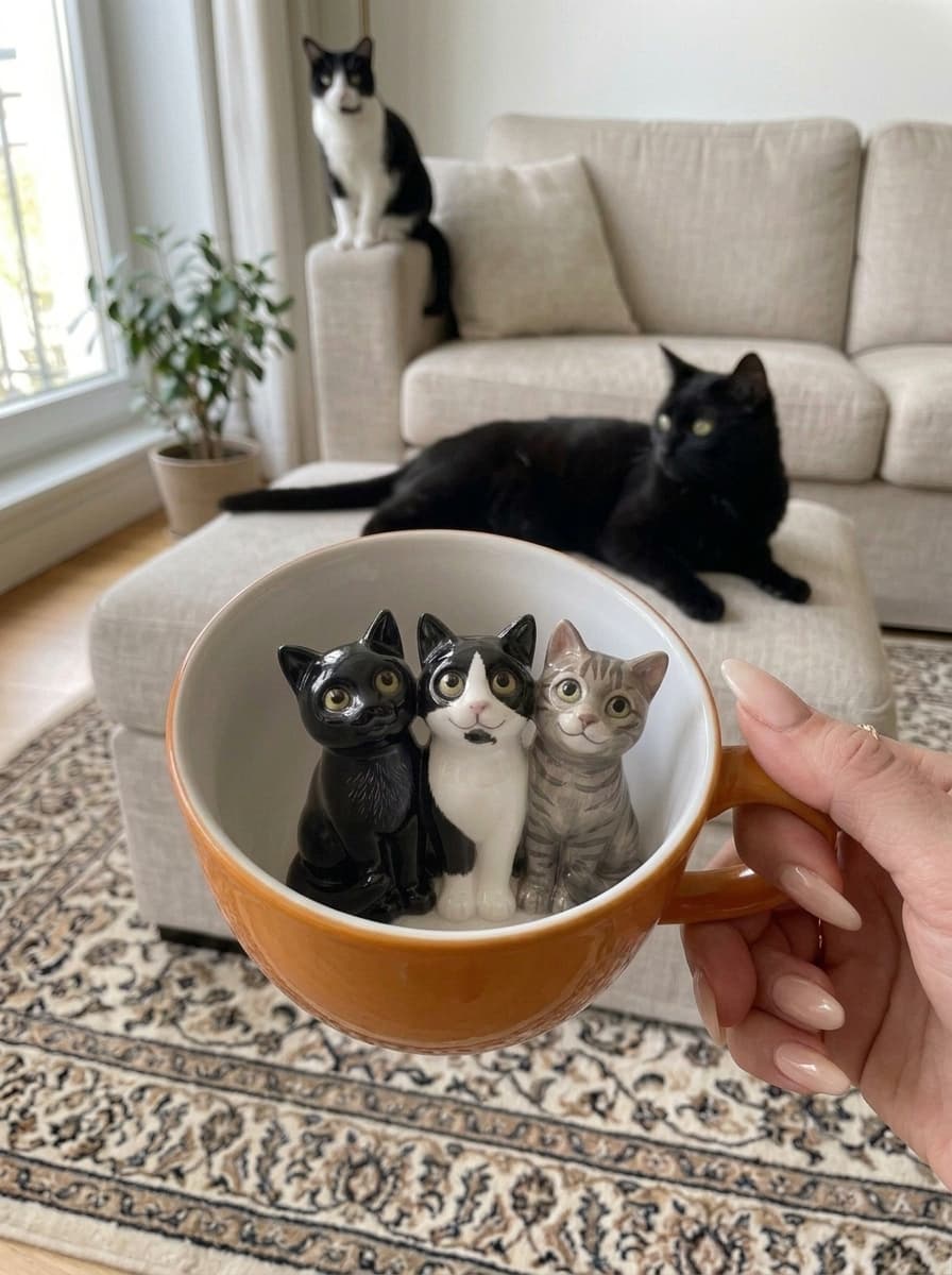 Orange PawMug with three hand-sculpted cats inside